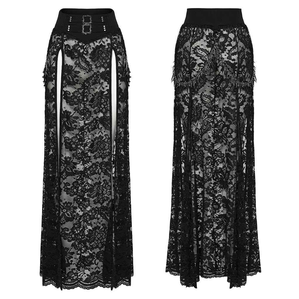 PUNK RAVE Women's Gothic Split Lace Skirt with Studded Chain