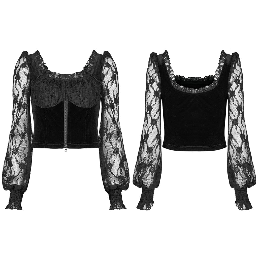 PUNK RAVE Women's Gothic Square Collar Floral Lace Sleeved Jacket