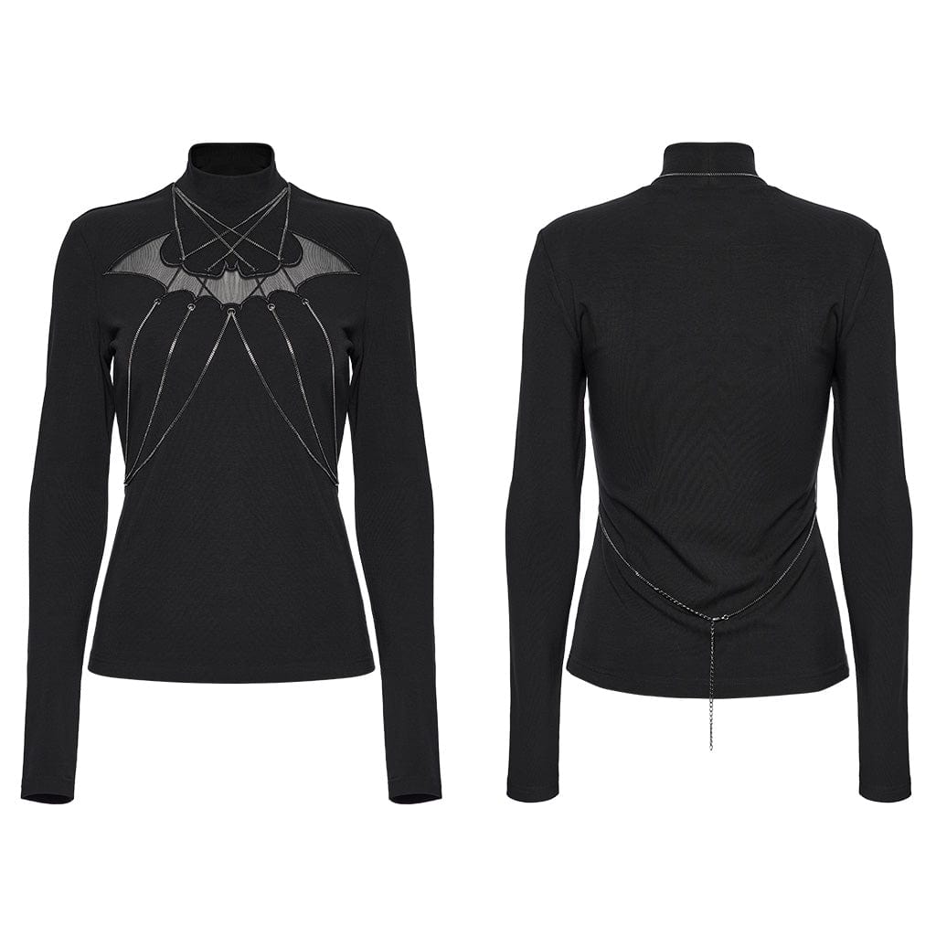 PUNK RAVE Women's Gothic Stand Collar Bat Mesh Splice Chain Shirt Black