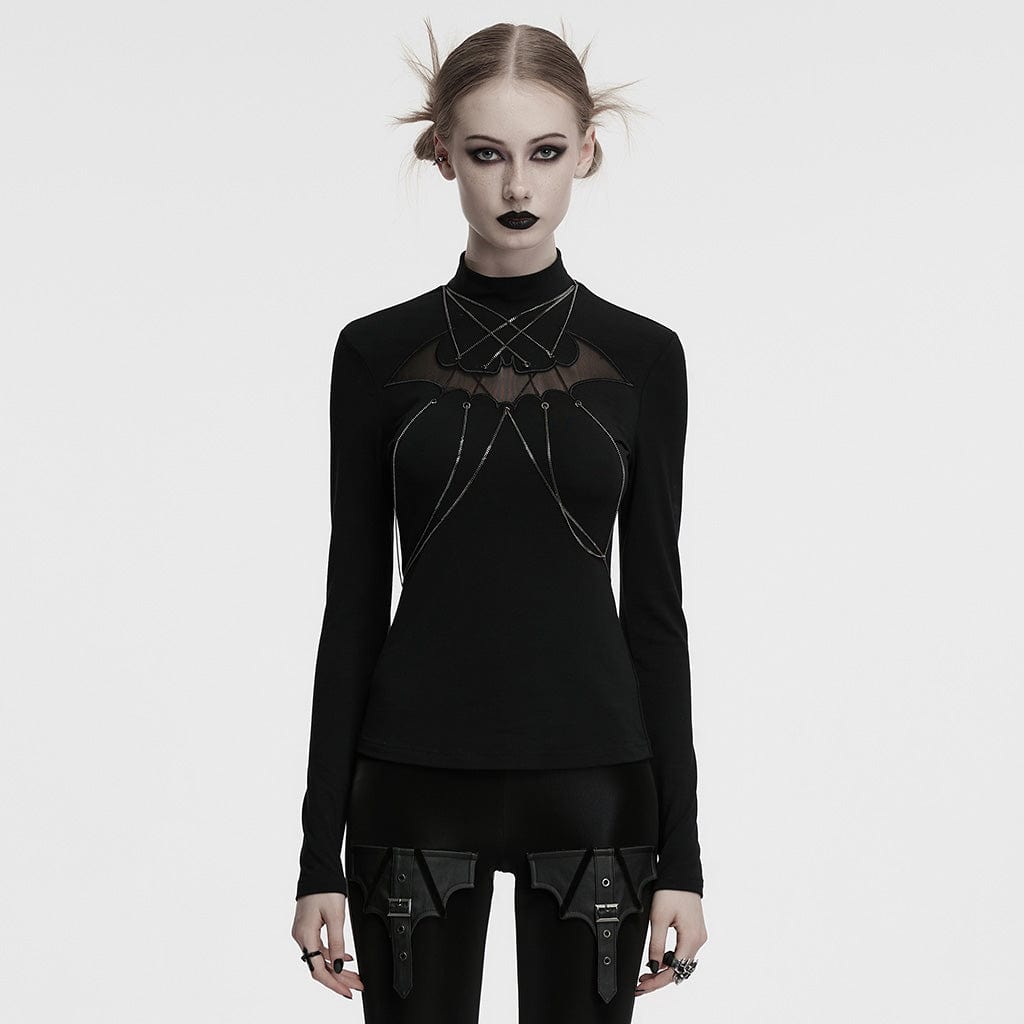 PUNK RAVE Women's Gothic Stand Collar Bat Mesh Splice Chain Shirt Black