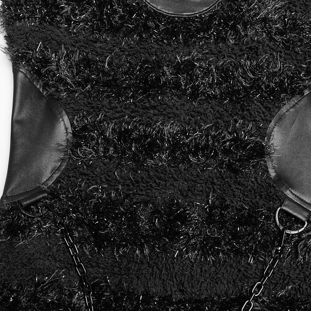 PUNK RAVE Women's Gothic Stand Collar Faux Fur Splice Party Dress Black