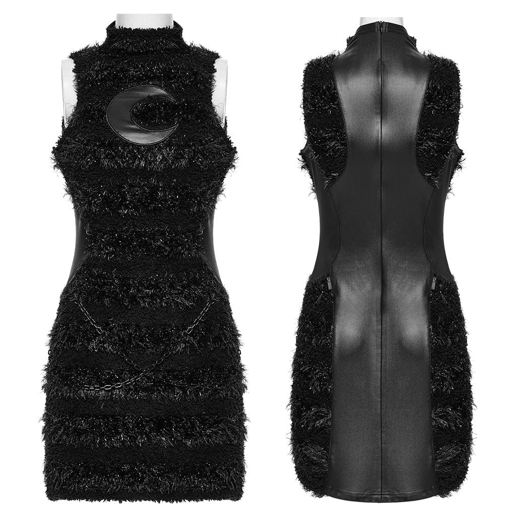PUNK RAVE Women's Gothic Stand Collar Faux Fur Splice Party Dress Black
