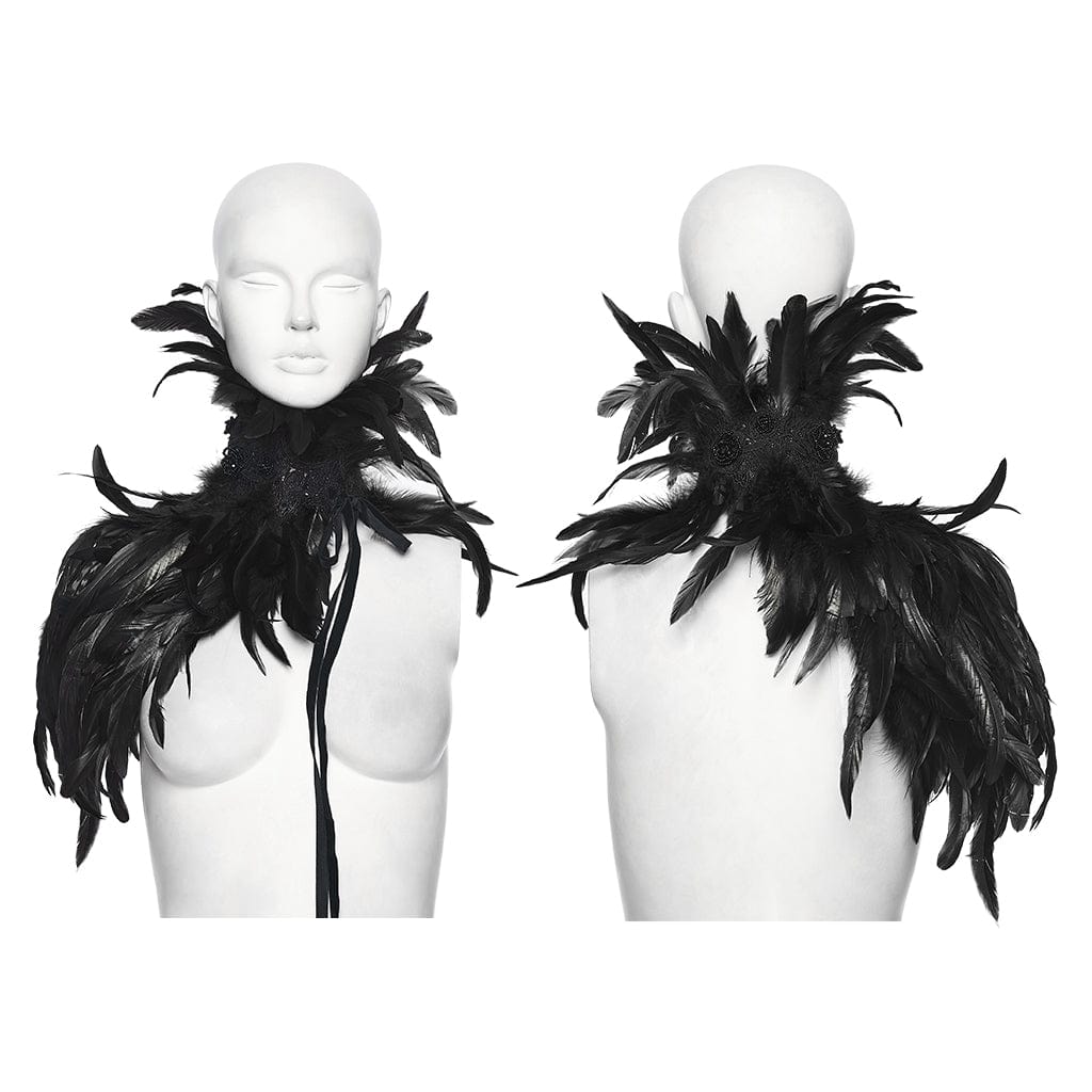PUNK RAVE Women's Gothic Stand Collar Floral Crochet Irregular Feather Shawl Black