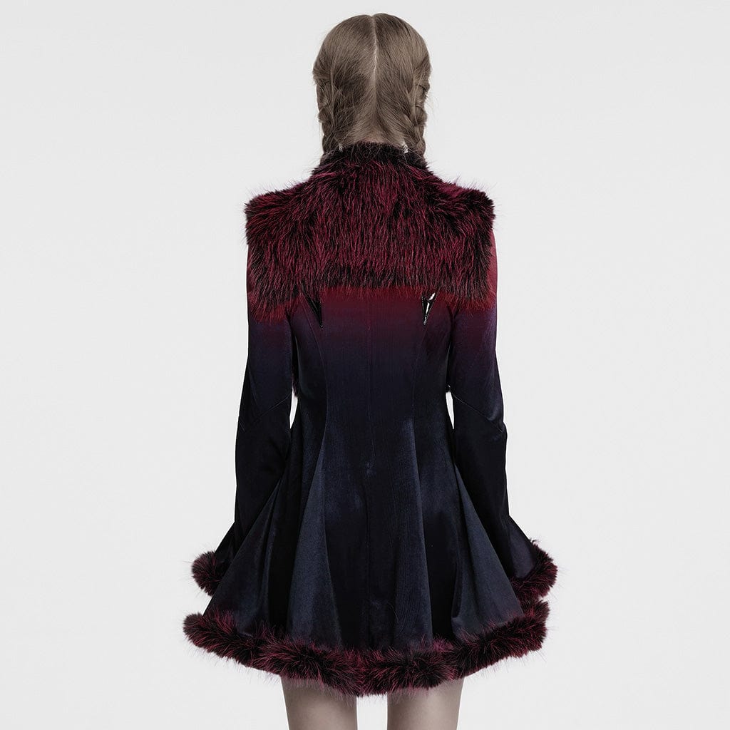 PUNK RAVE Women's Gothic Stand Collar Gradient Faux Fur Cape Red