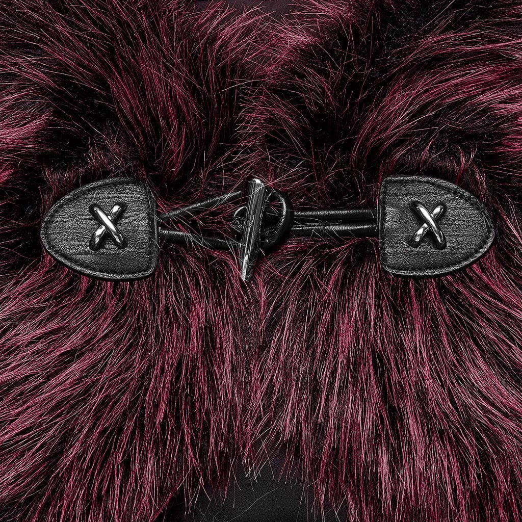 PUNK RAVE Women's Gothic Stand Collar Gradient Faux Fur Cape Red
