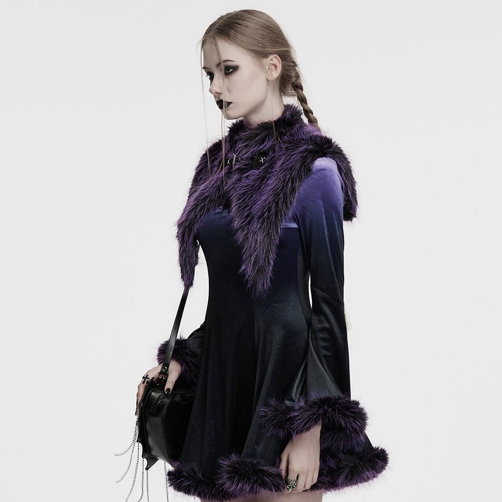 PUNK RAVE Women's Gothic Stand Collar Gradient Faux Fur Cape Violet