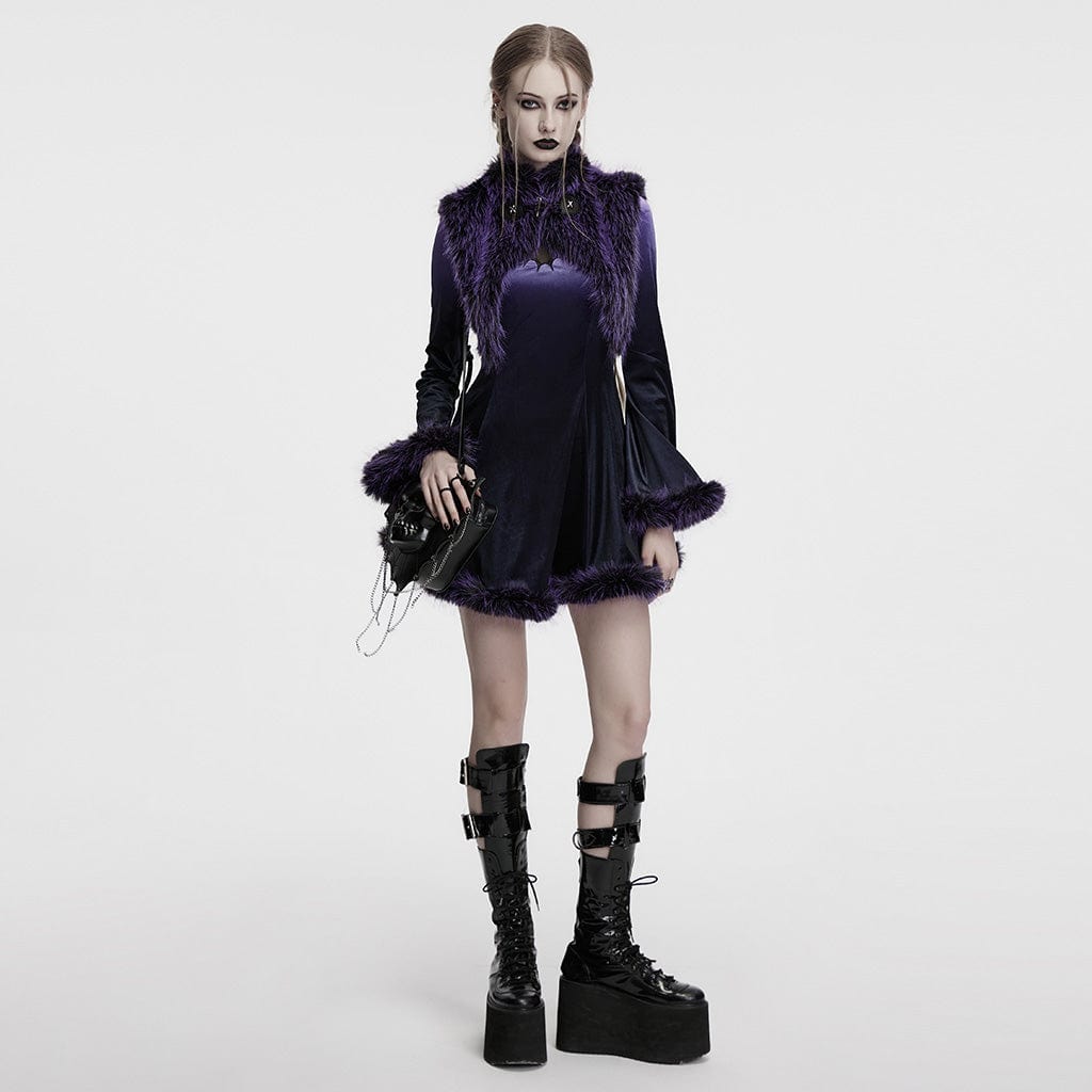 PUNK RAVE Women's Gothic Stand Collar Gradient Faux Fur Cape Violet