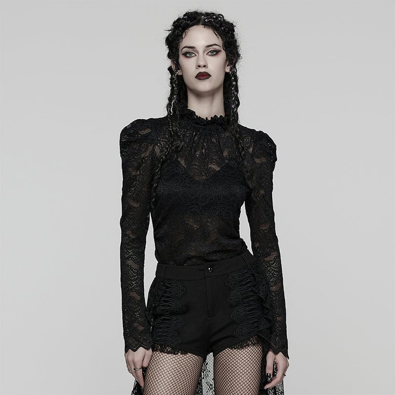 PUNK RAVE Women's Gothic Stand Collar Puff Sleeved Lace Shirt Black