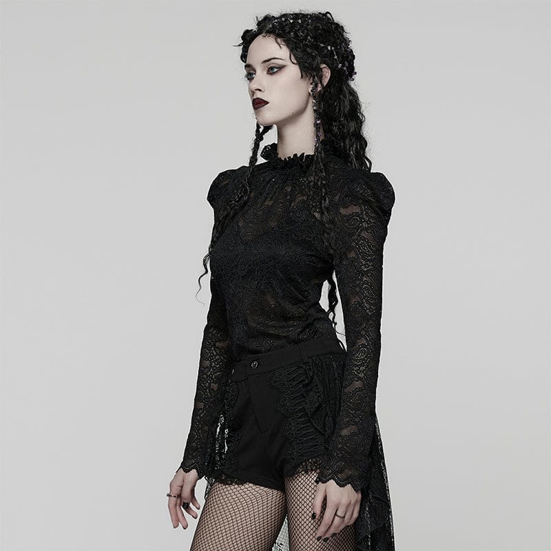PUNK RAVE Women's Gothic Stand Collar Puff Sleeved Lace Shirt Black