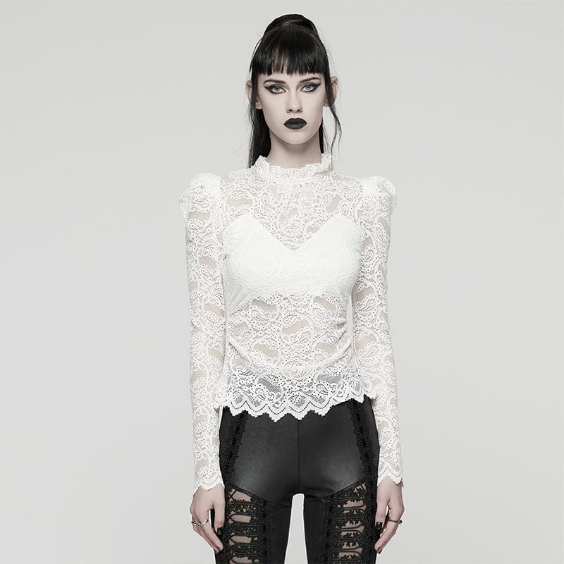 PUNK RAVE Women's Gothic Stand Collar Puff Sleeved Lace Shirt White