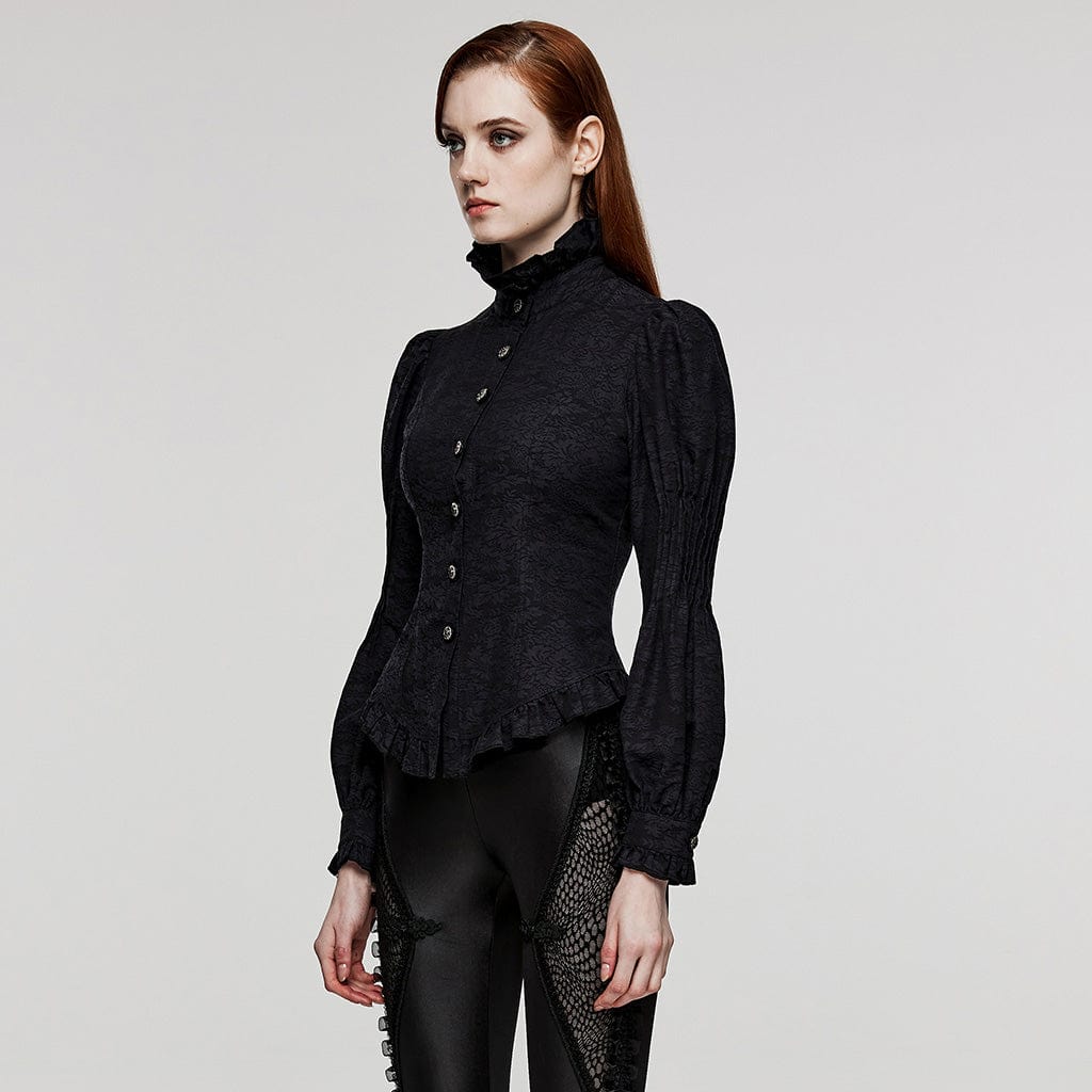 PUNK RAVE Women's Gothic Stand Collar Puff Sleeved Ruffled Shirt