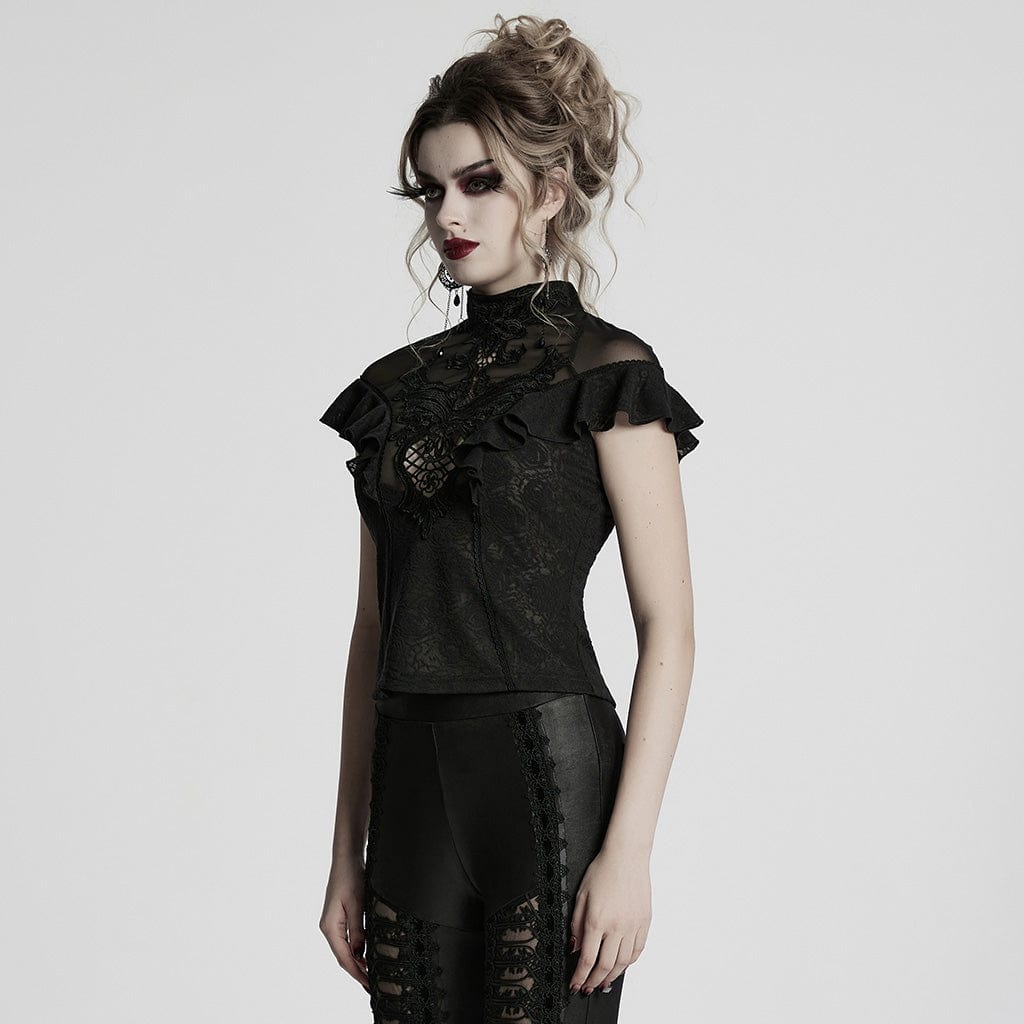 PUNK RAVE Women's Gothic Stand Collar Ruffled Lace Shirt