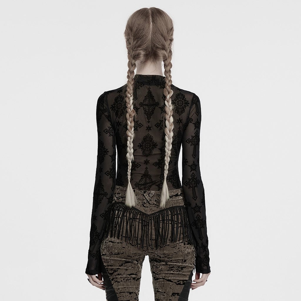 PUNK RAVE Women's Gothic Star Cross Flocking Mesh T-shirt