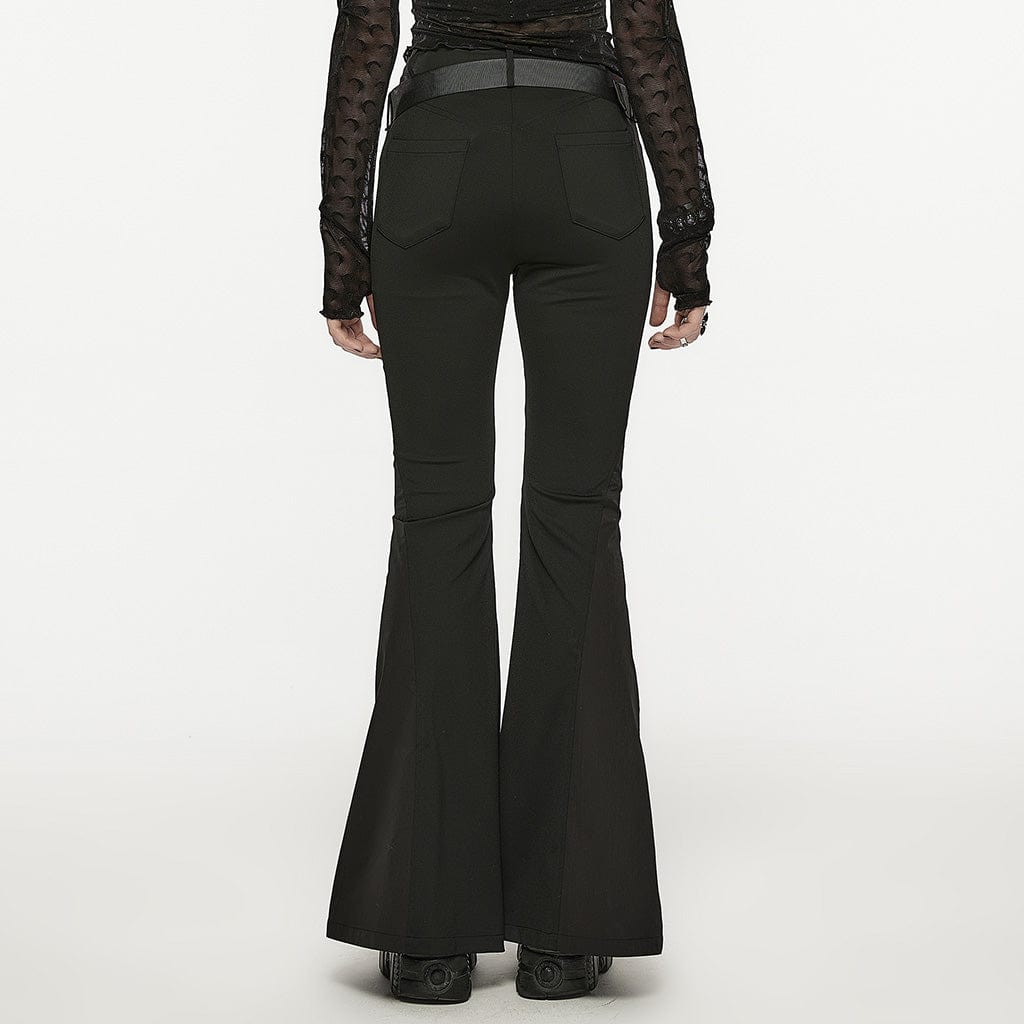 PUNK RAVE Women's Gothic Strap Splice Buckle Flared Pants
