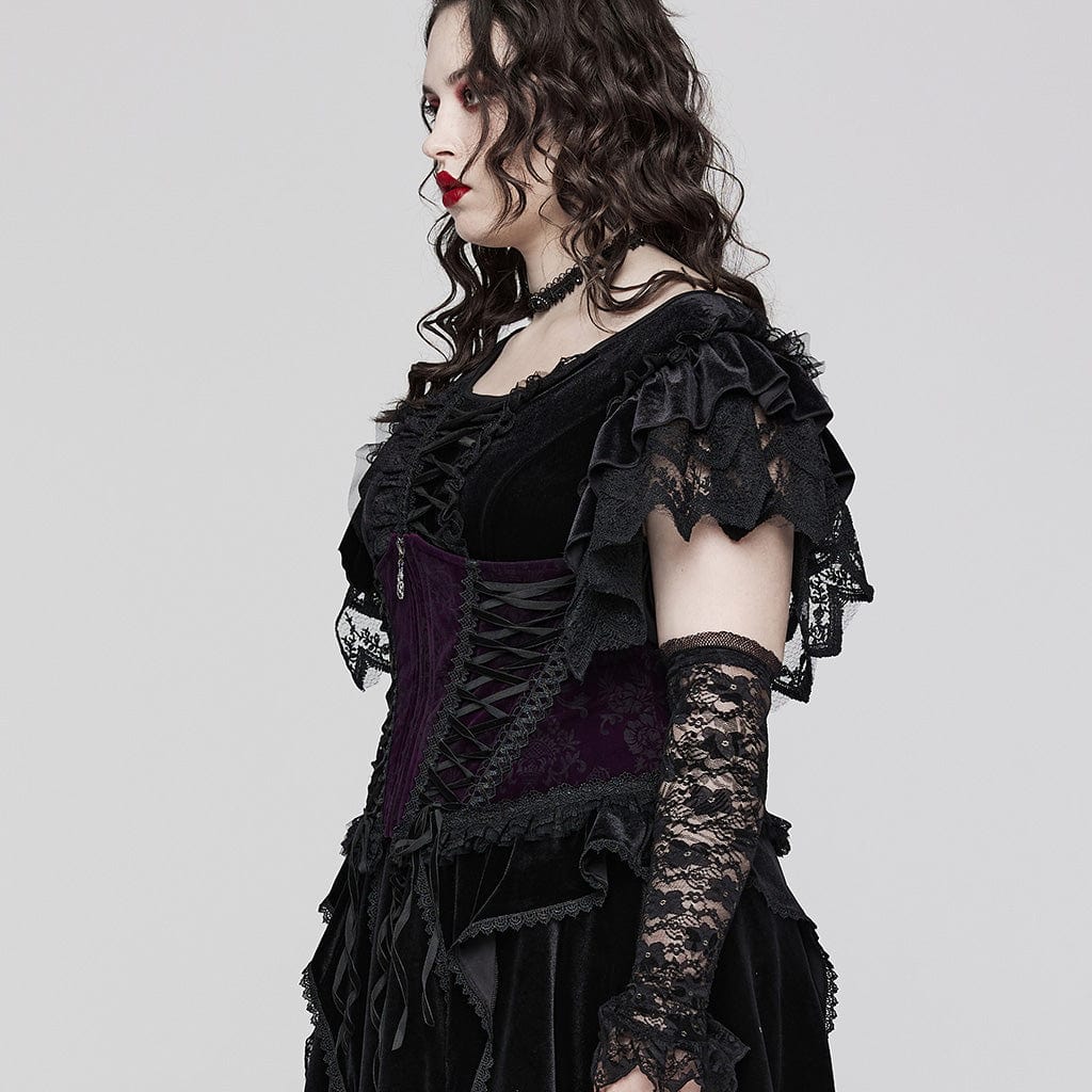 PUNK RAVE Women's Gothic Strappy Ruffled Velvet Underbust Corset