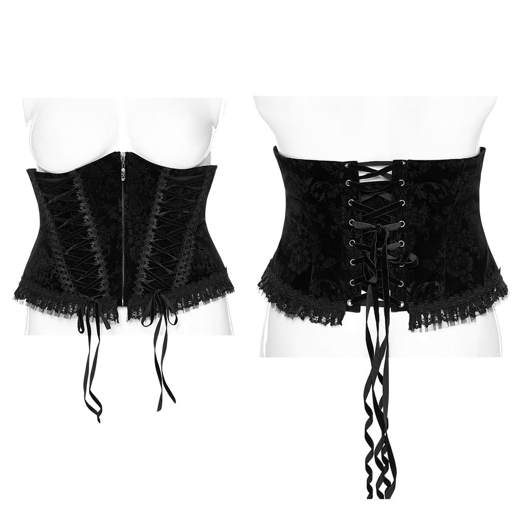 PUNK RAVE Women's Gothic Strappy Ruffled Velvet Underbust Corset