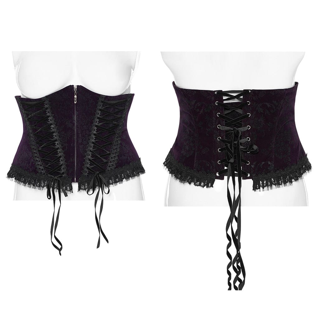 PUNK RAVE Women's Gothic Strappy Ruffled Velvet Underbust Corset