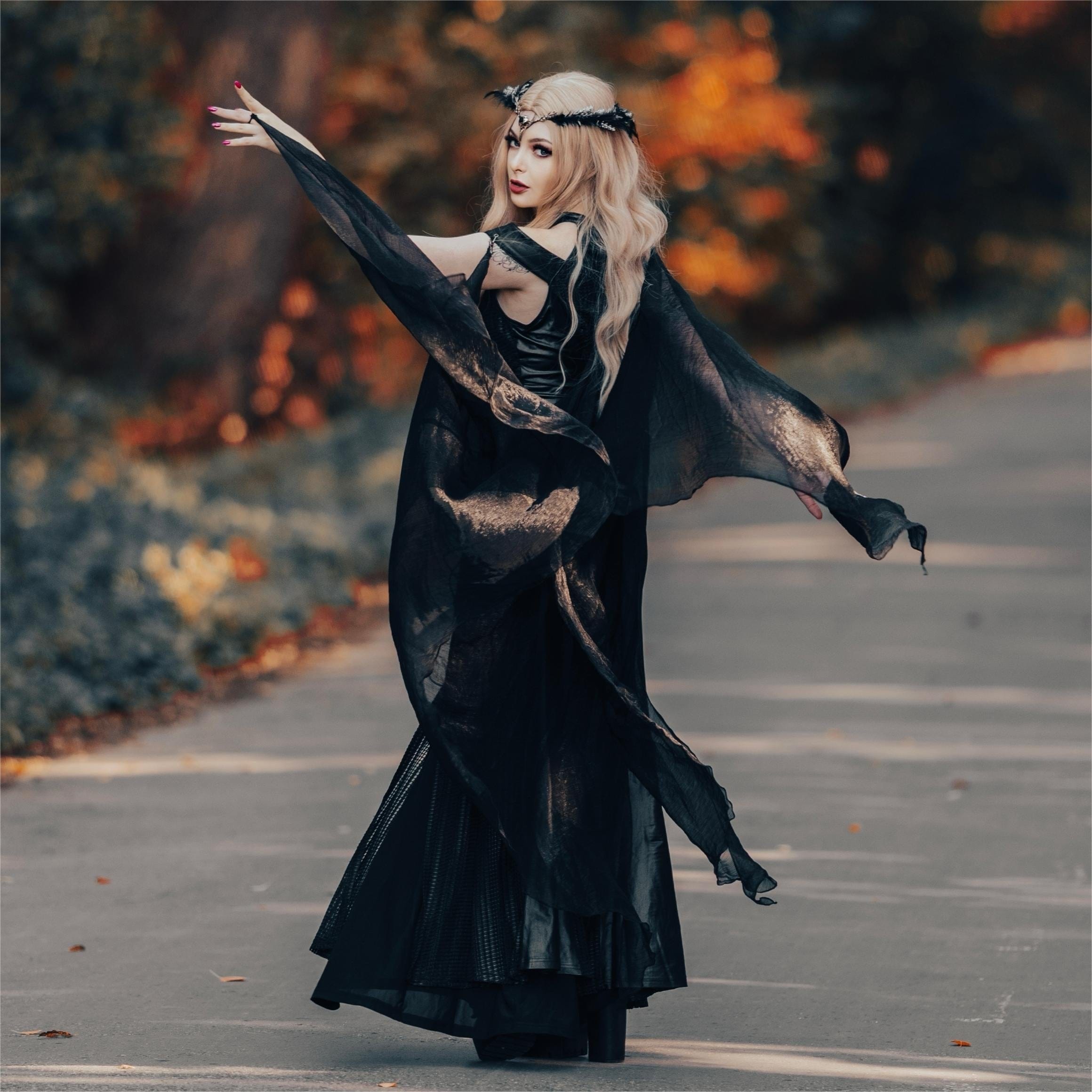 PUNK RAVE Women's Gothic Strappy Side Slit Dress with Detachable Cape