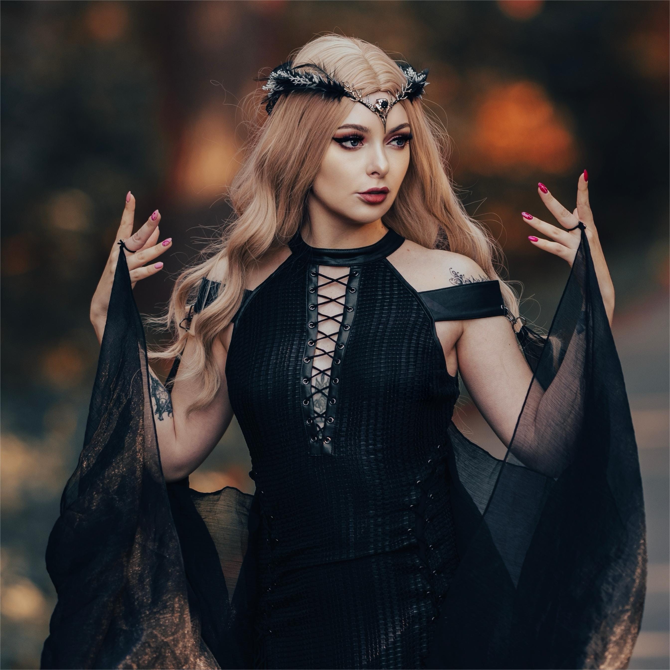 PUNK RAVE Women's Gothic Strappy Side Slit Dress with Detachable Cape