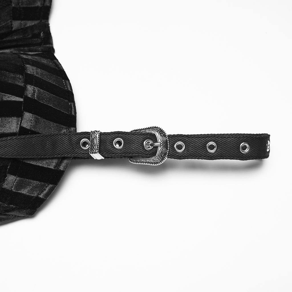 PUNK RAVE Women's Gothic Striped Lace-up Slip Dress with Detachable Bowknot Black