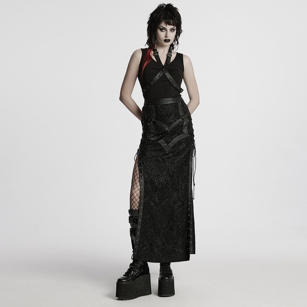 PUNK RAVE Women's Gothic Studded Embossed Lace-up Skirt