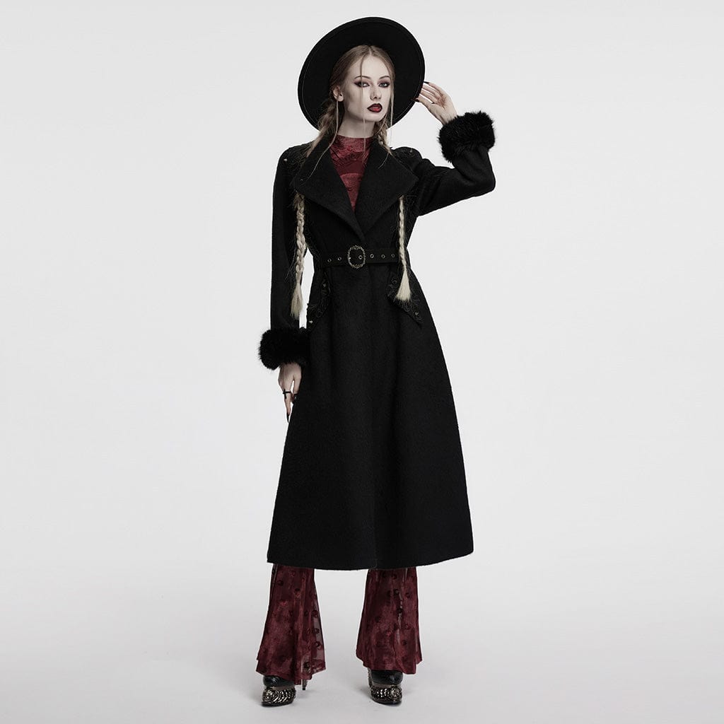 PUNK RAVE Women's Gothic Studded Floral Embroidered Faux Fur Splice Coat