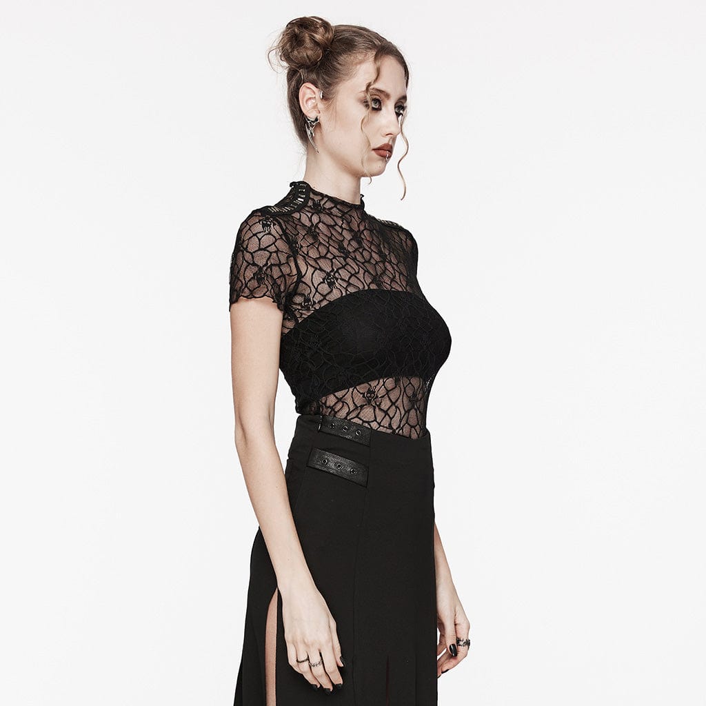 PUNK RAVE Women's Gothic Studded Skull Mesh Top