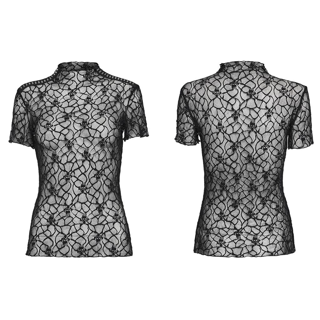 PUNK RAVE Women's Gothic Studded Skull Mesh Top