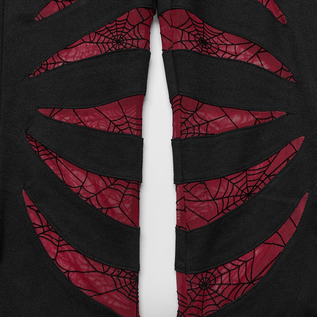 PUNK RAVE Women's Gothic Symmetrical Mesh Pointed Flared Pants Black-Red