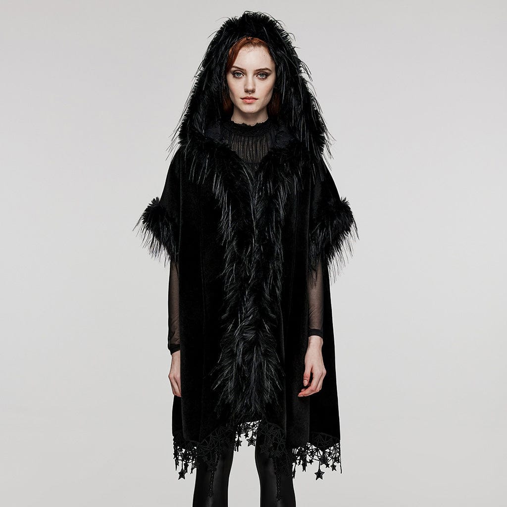 PUNK RAVE Women's Gothic Tassel Faux Fur Splice Velvet Cloak