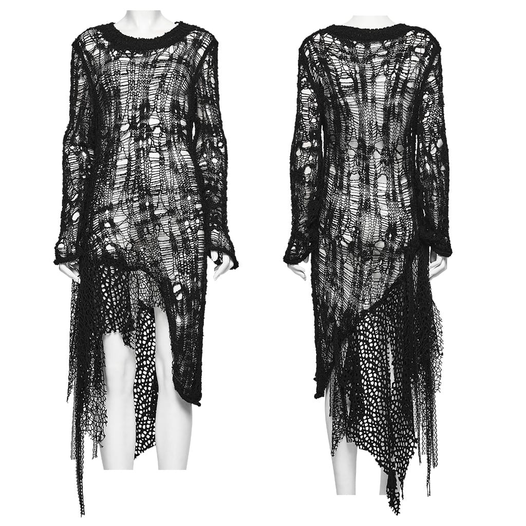 PUNK RAVE Women's Gothic Tattered Irregular Hem Long Sleeve Dress