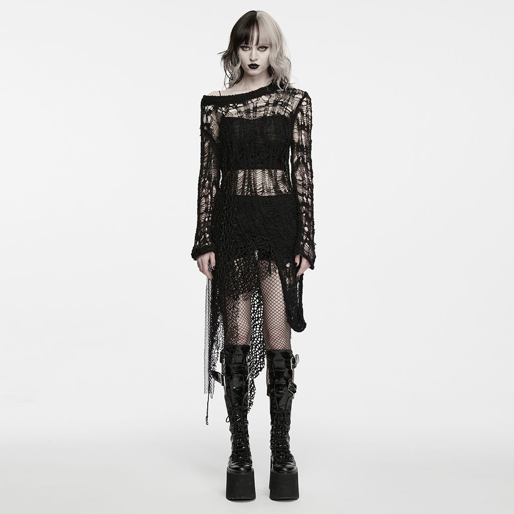 PUNK RAVE Women's Gothic Tattered Irregular Hem Long Sleeve Dress