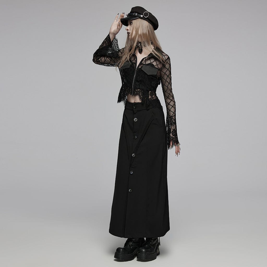 PUNK RAVE Women's Gothic Turn-down Collar Irregular Lace Jacket