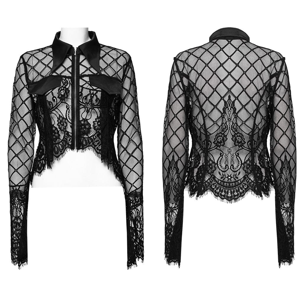 PUNK RAVE Women's Gothic Turn-down Collar Irregular Lace Jacket