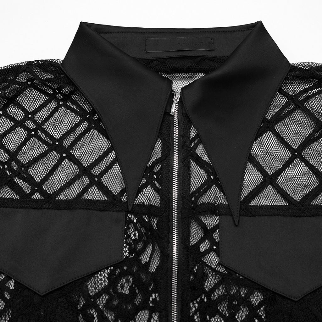PUNK RAVE Women's Gothic Turn-down Collar Irregular Lace Jacket