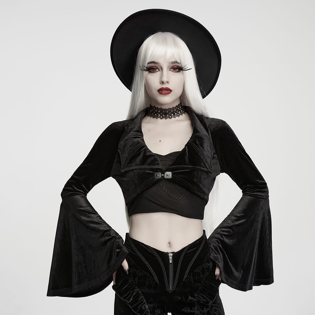 PUNK RAVE Women's Gothic Velvet Bat Wing Collar Flare Sleeve Short Jacket