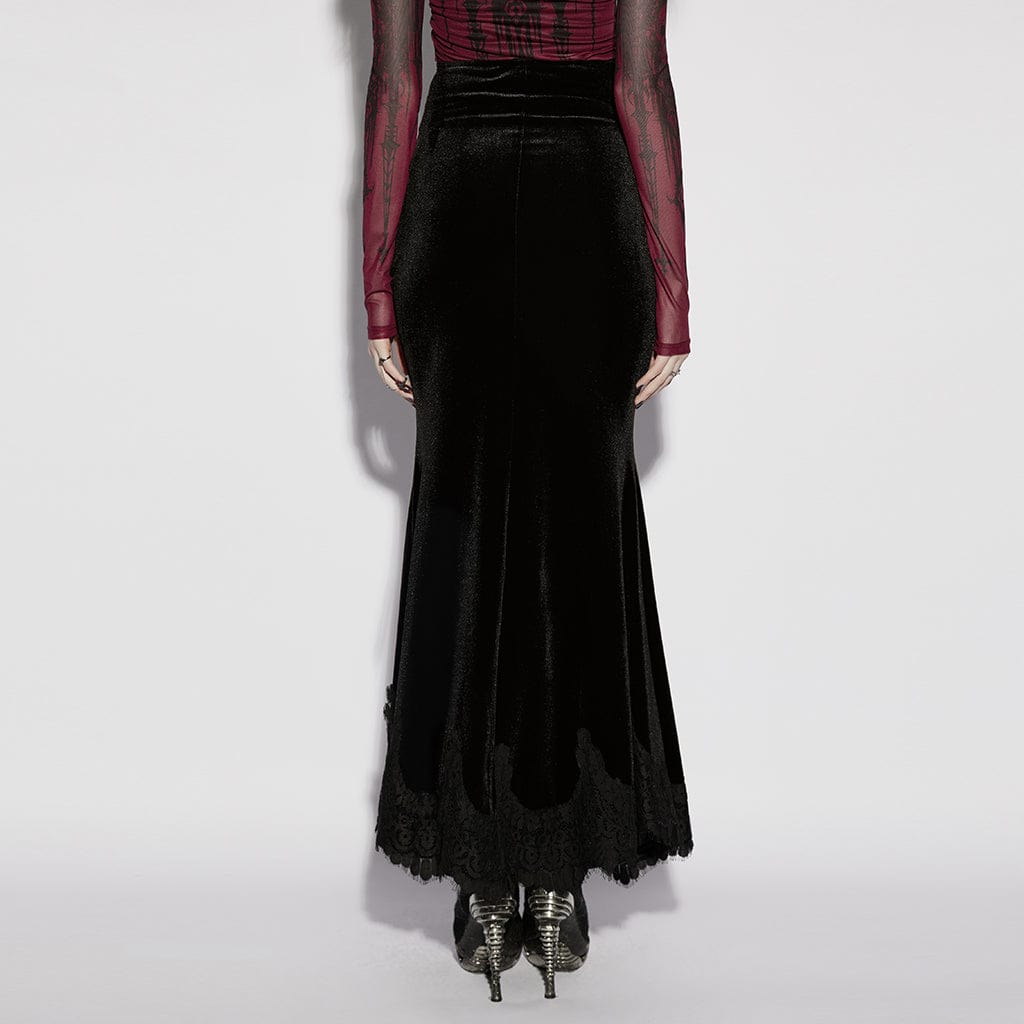 PUNK RAVE Women's Gothic Velvet Ruched Mermaid Skirt Black