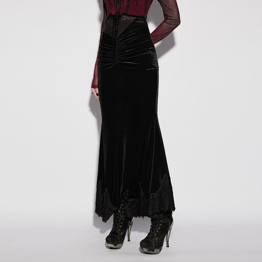 PUNK RAVE Women's Gothic Velvet Ruched Mermaid Skirt Black