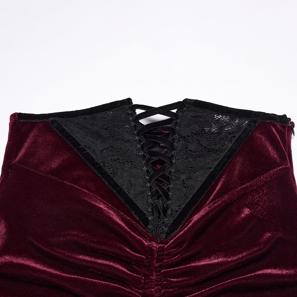 PUNK RAVE Women's Gothic Velvet Ruched Mermaid Skirt Red