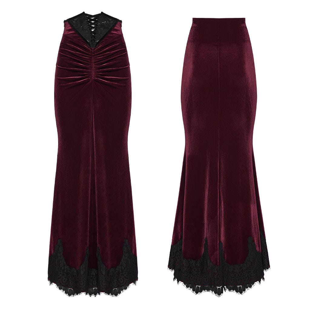PUNK RAVE Women's Gothic Velvet Ruched Mermaid Skirt Red