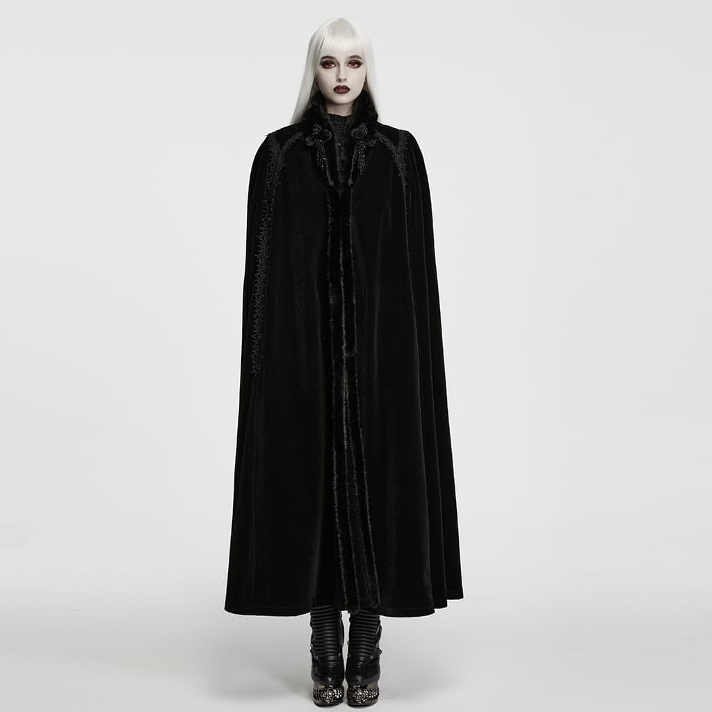 PUNK RAVE Women's Gothic Vintage Embroidered Faux Fur Trim Velvet Cloak