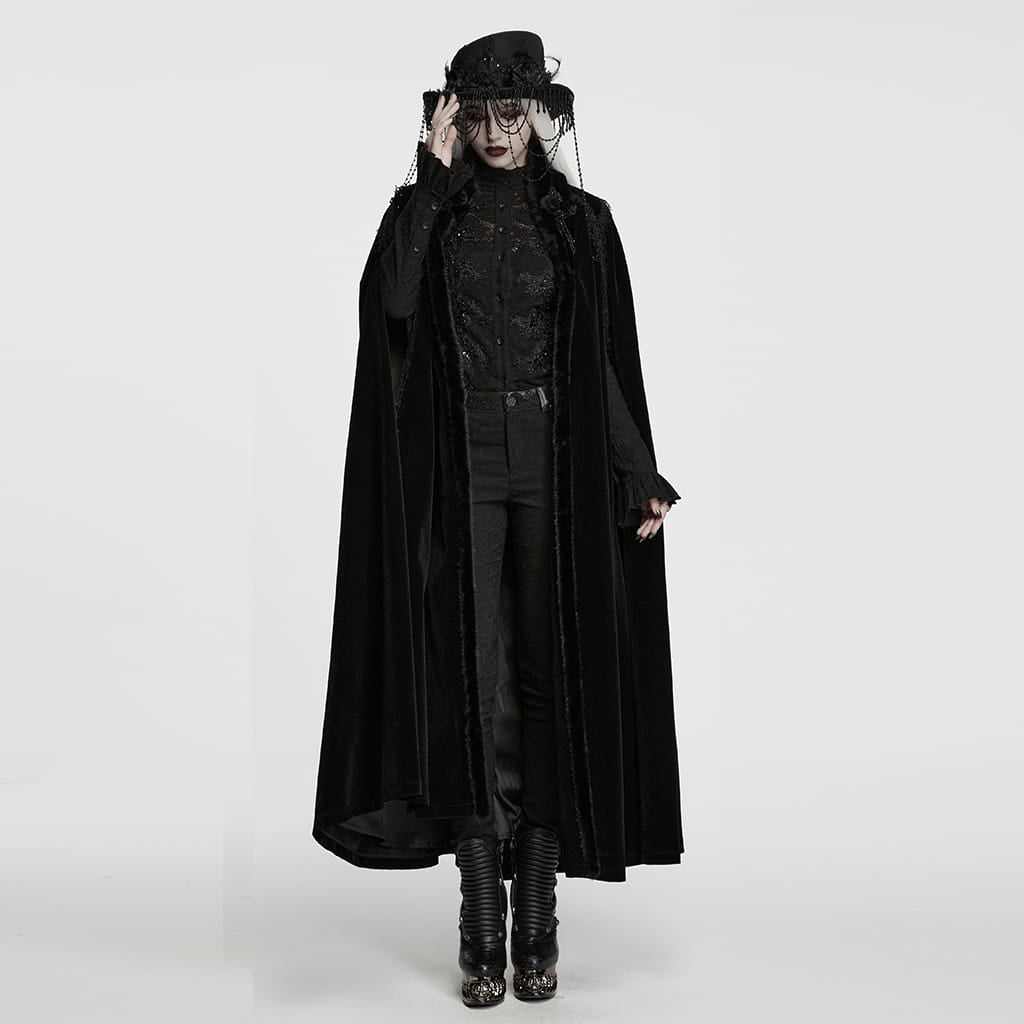 PUNK RAVE Women's Gothic Vintage Embroidered Faux Fur Trim Velvet Cloak