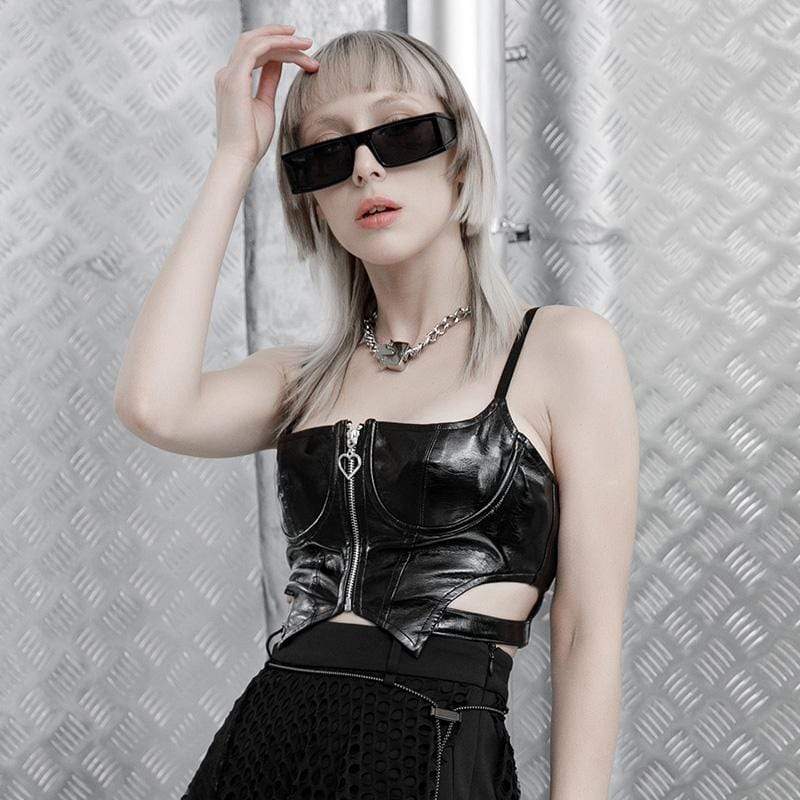 PUNK RAVE Women's Grunge Front Zip Slip Faux Leather Vests
