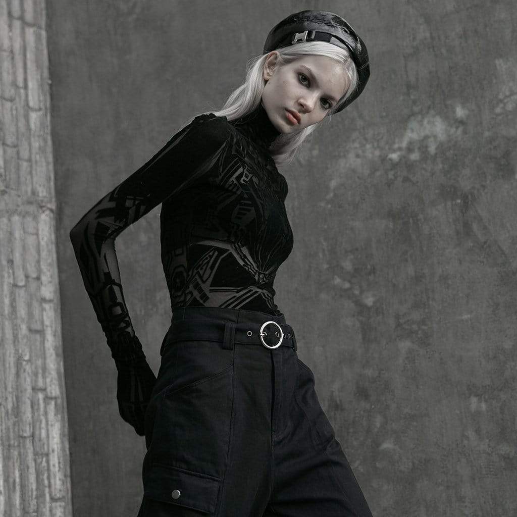 PUNK RAVE Women's Grunge Geometric Pattern Long Sleeve Shirts