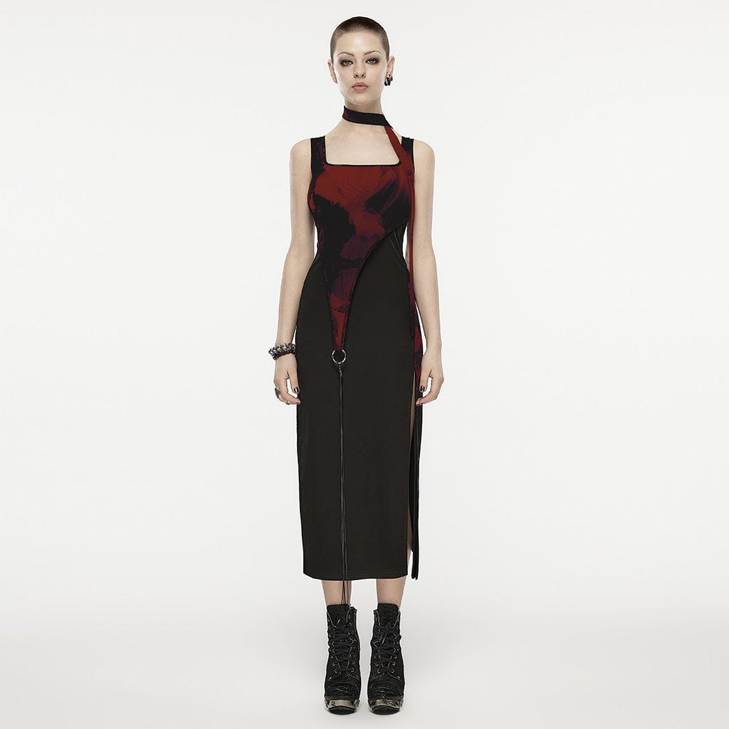 PUNK RAVE Women's Grunge Ink Printed Split Slip Dress with Neckwear