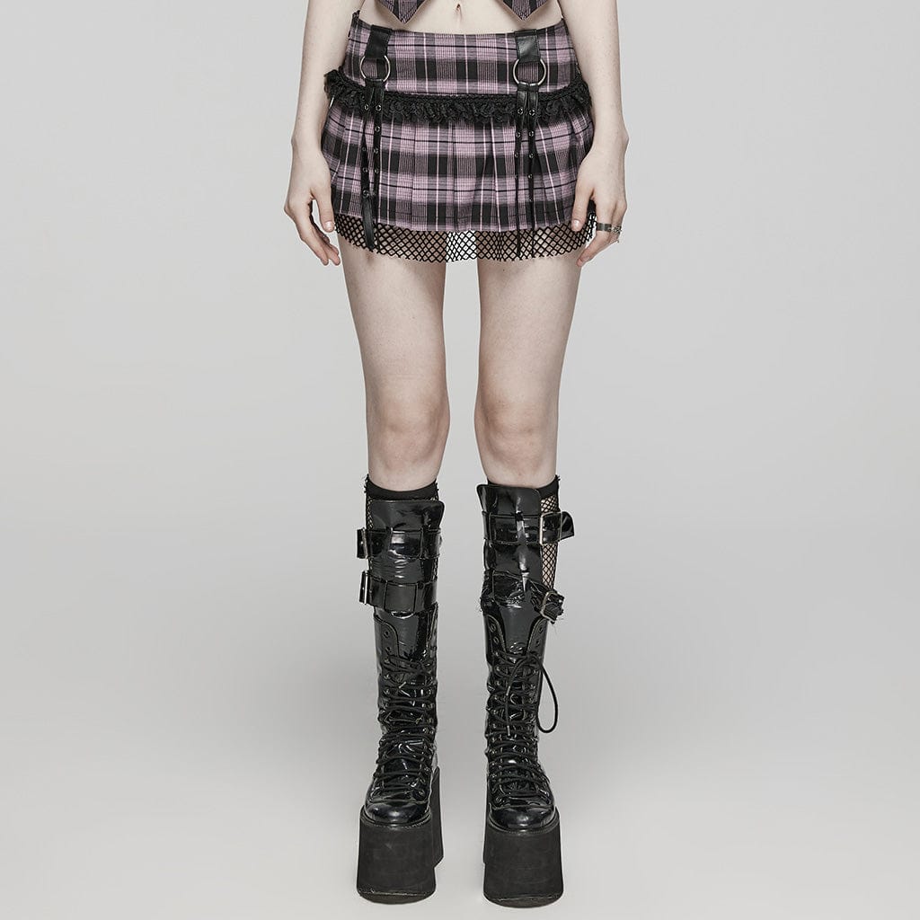 PUNK RAVE Women's Grunge Plaid Eyelet Mesh Ring Pleated Skirt Pink