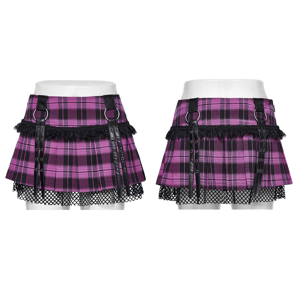 PUNK RAVE Women's Grunge Plaid Eyelet Mesh Ring Pleated Skirt Violet