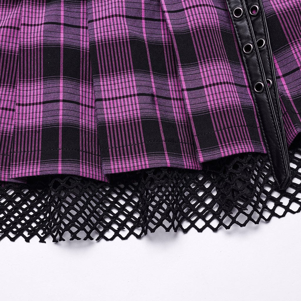 PUNK RAVE Women's Grunge Plaid Eyelet Mesh Ring Pleated Skirt Violet
