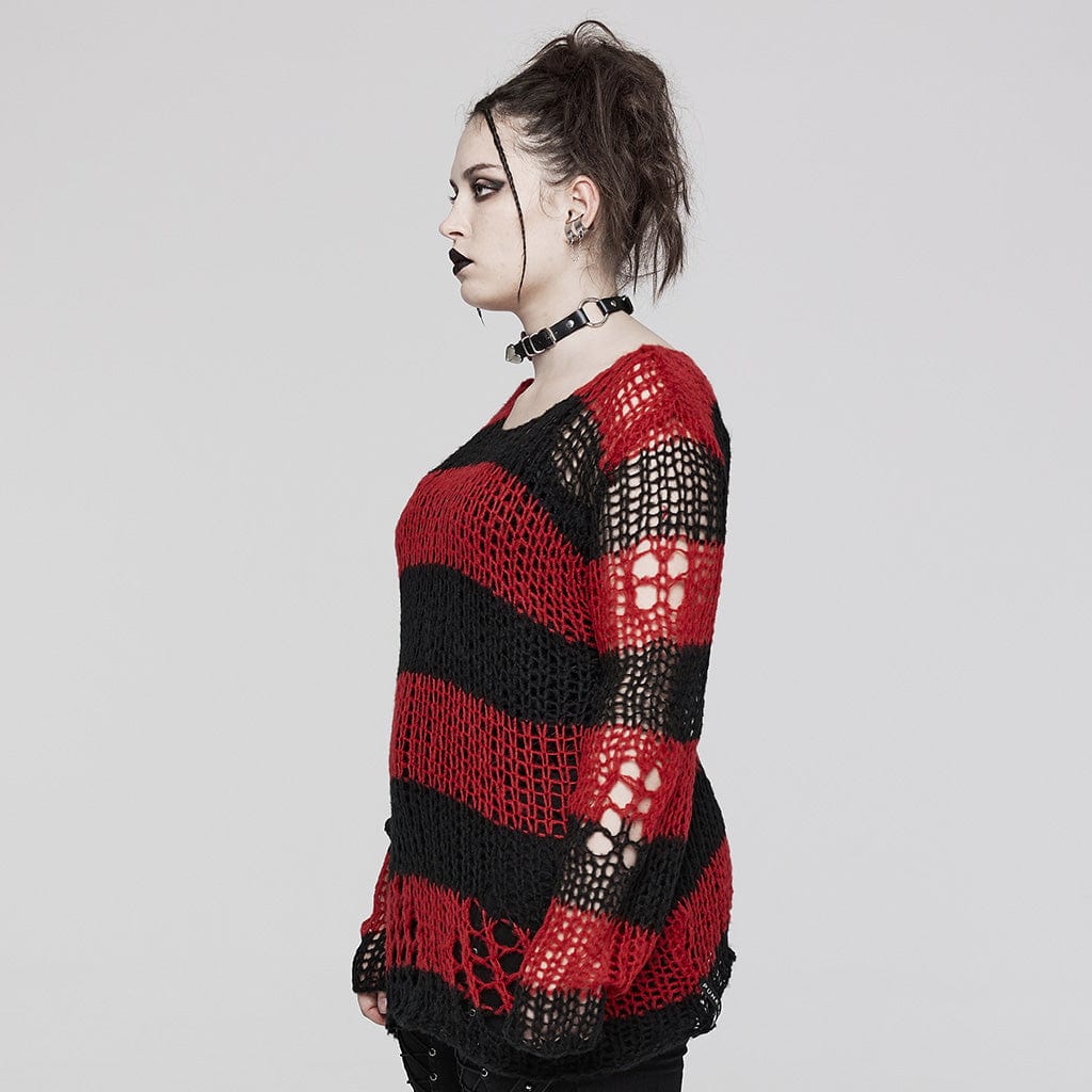 PUNK RAVE Women's Grunge Ripped Stripes Sweater