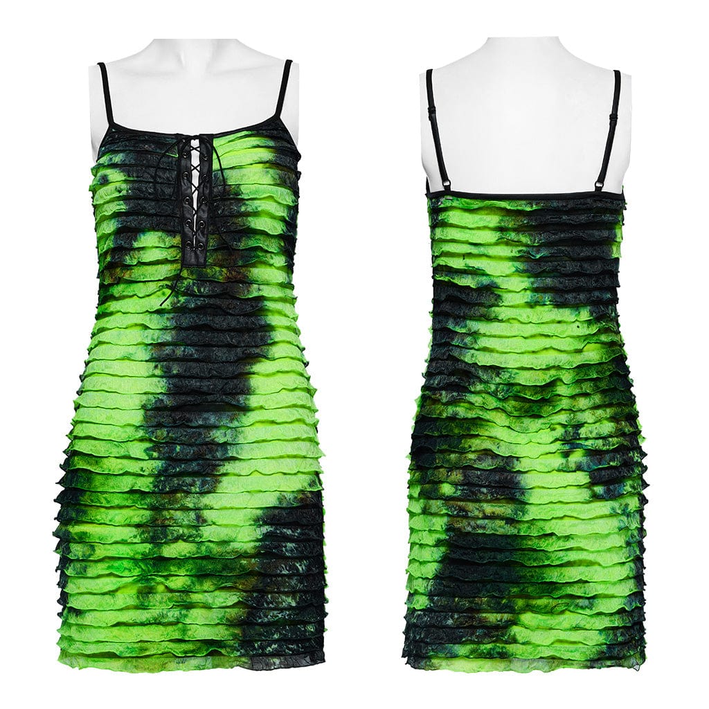 PUNK RAVE Women's Grunge Ruffled Tie-dyed Slip Dress Green